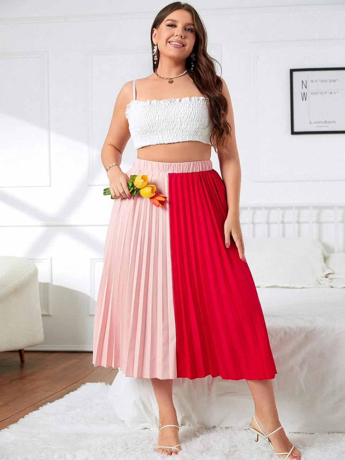 Womens Plus Size Pleated Skirt High Waist, Midi Flowy A-Line Colorblock Long Skirts for Women Trendy Summer