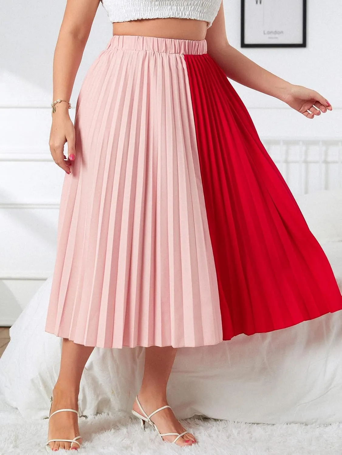 Womens Plus Size Pleated Skirt High Waist, Midi Flowy A-Line Colorblock Long Skirts for Women Trendy Summer