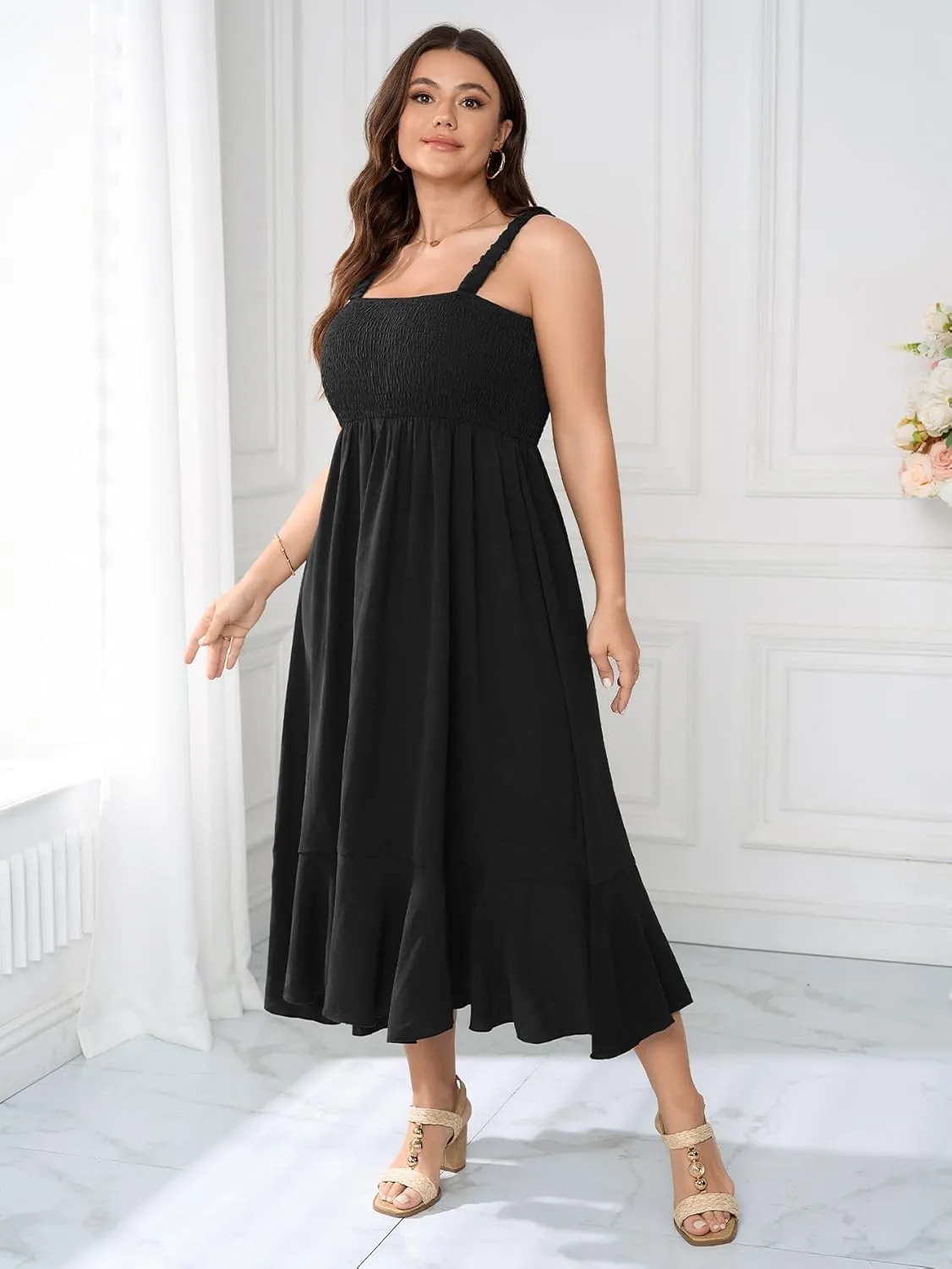 Womens Plus Size Sun Boho Dress Sleeveless Smocked Ruffle Flowy A Line Long Beach Swing Maxi Dresses