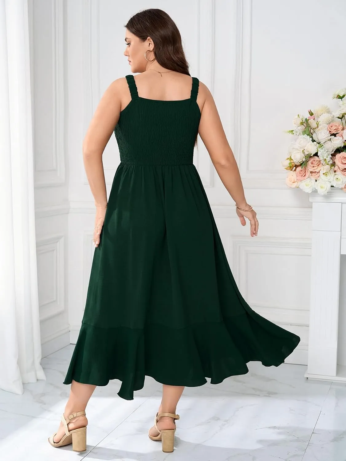 Womens Plus Size Sun Boho Dress Sleeveless Smocked Ruffle Flowy A Line Long Beach Swing Maxi Dresses