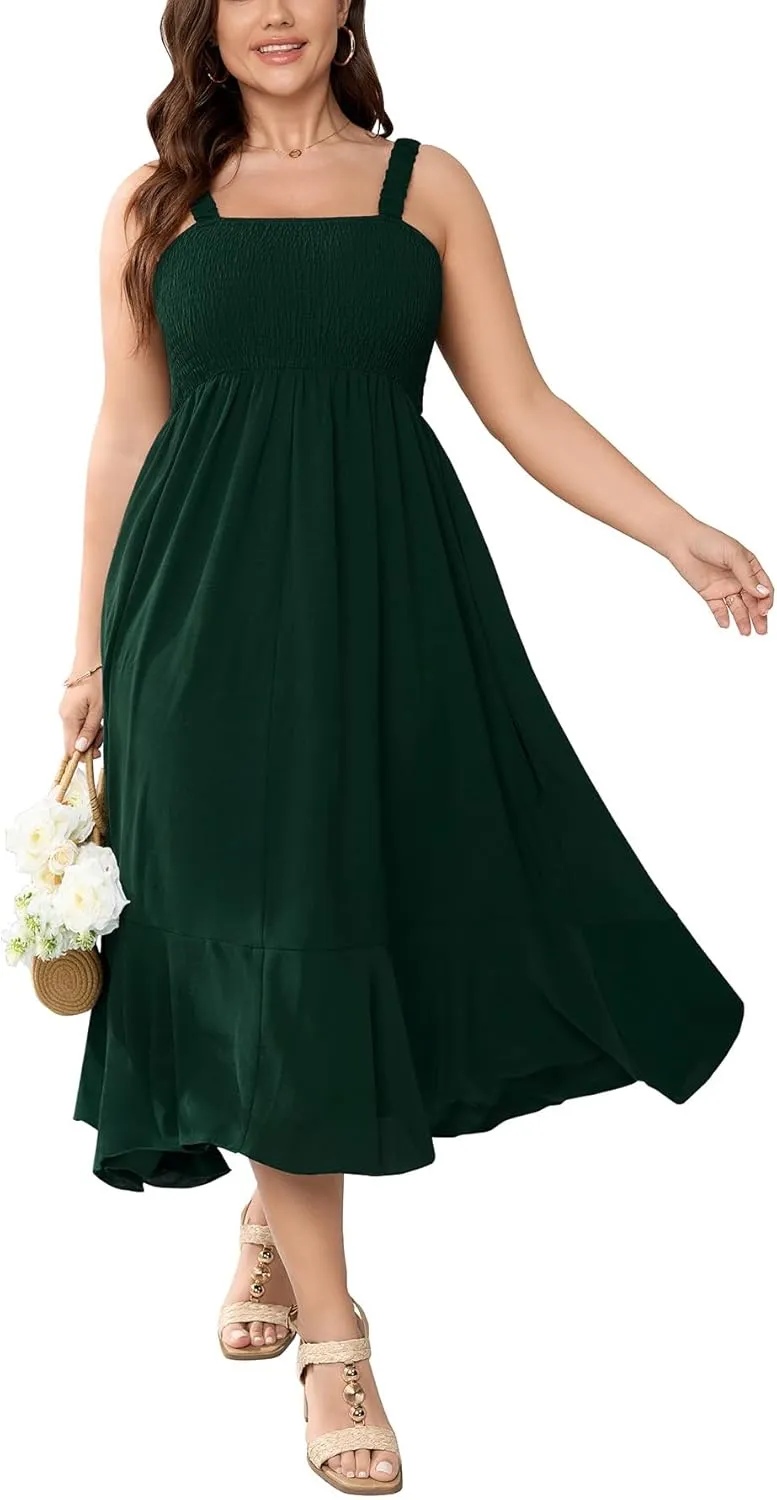 Womens Plus Size Sun Boho Dress Sleeveless Smocked Ruffle Flowy A Line Long Beach Swing Maxi Dresses