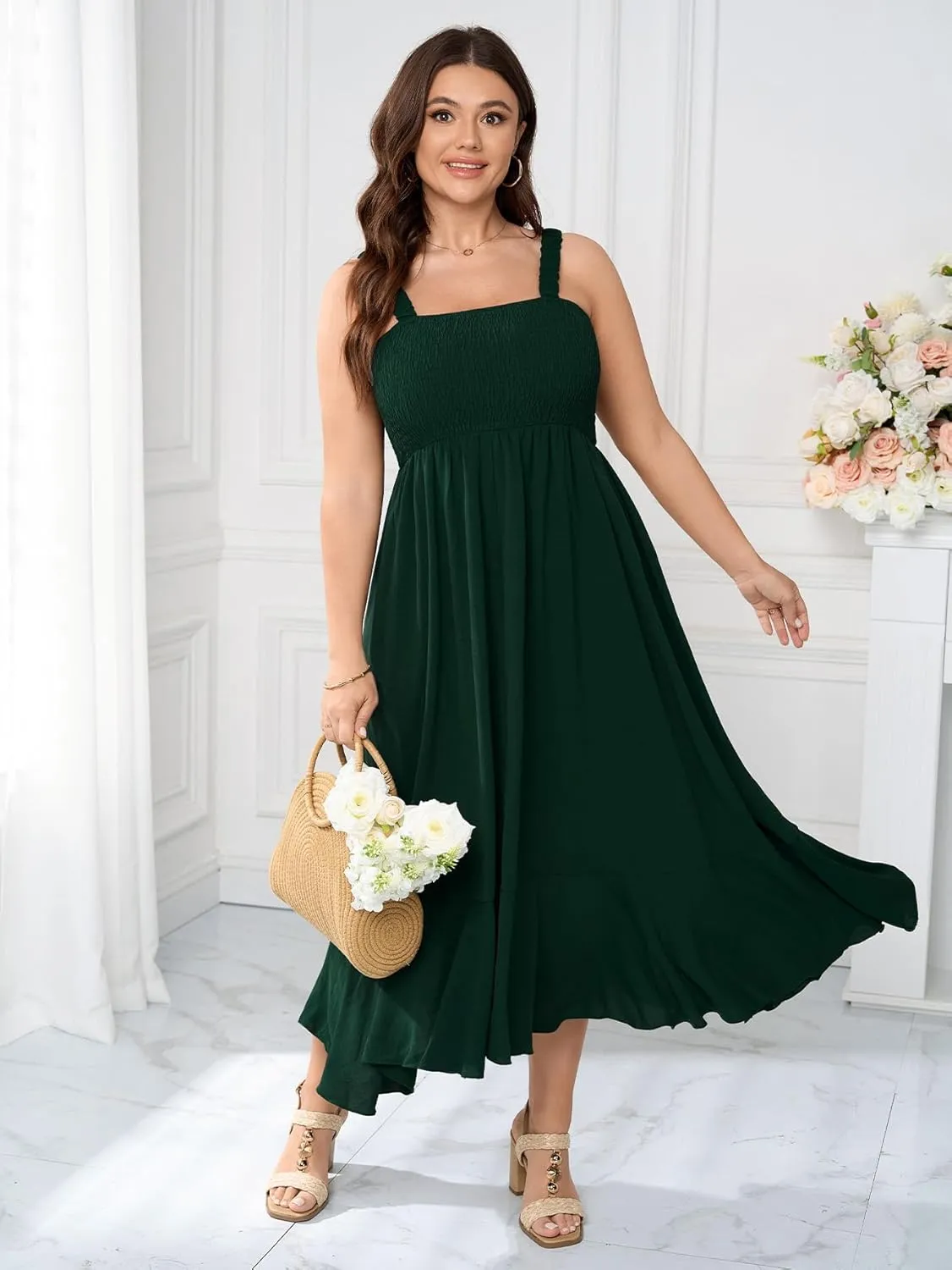 Womens Plus Size Sun Boho Dress Sleeveless Smocked Ruffle Flowy A Line Long Beach Swing Maxi Dresses