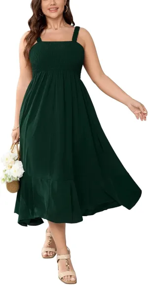 Womens Plus Size Sun Boho Dress Sleeveless Smocked Ruffle Flowy A Line Long Beach Swing Maxi Dresses