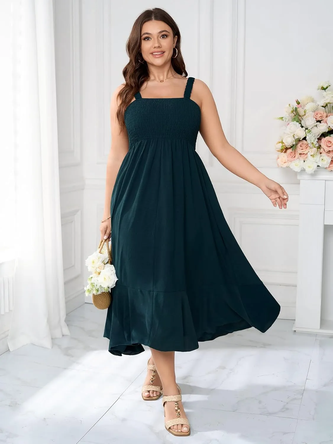 Womens Plus Size Sun Boho Dress Sleeveless Smocked Ruffle Flowy A Line Long Beach Swing Maxi Dresses