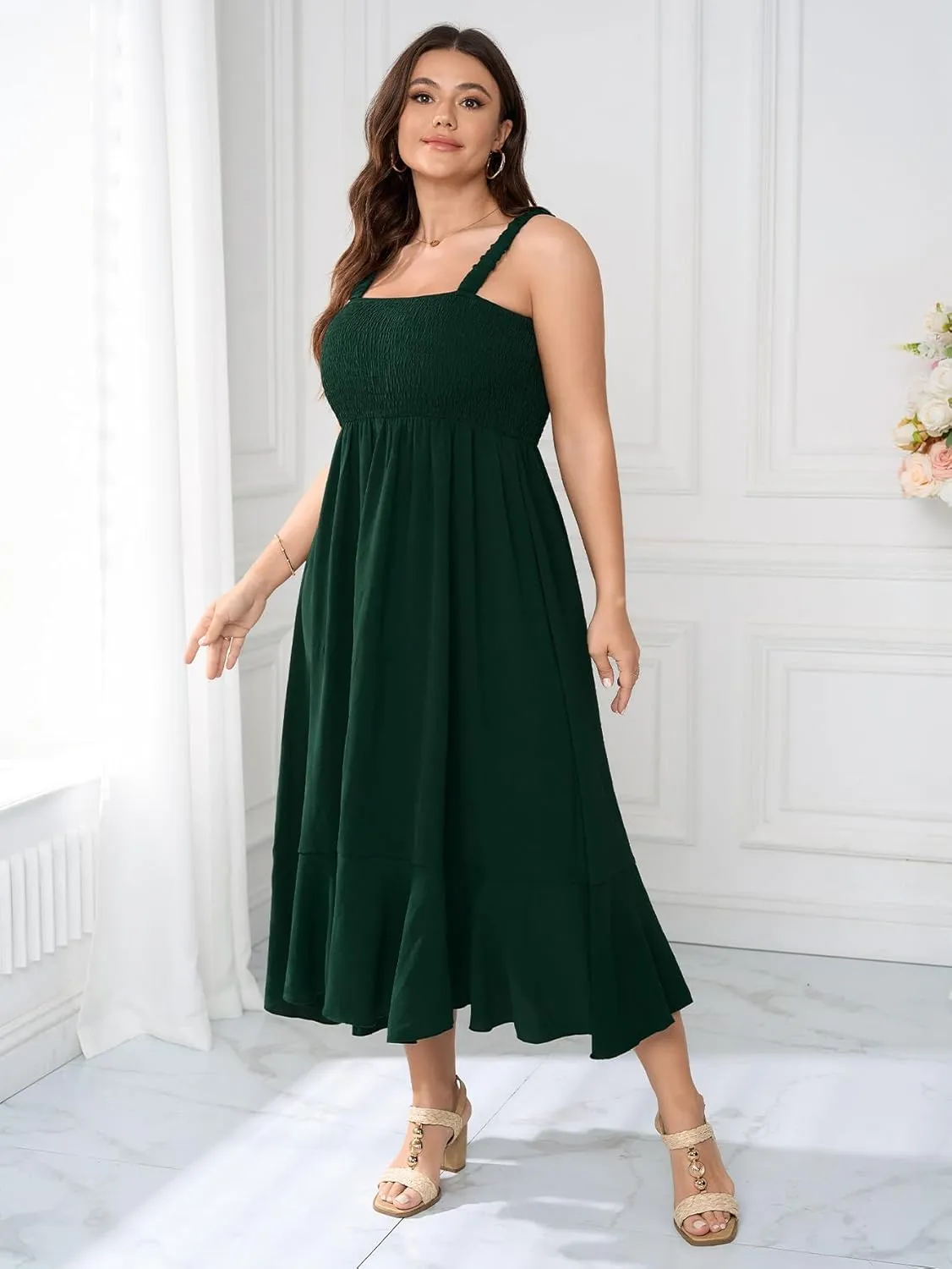 Womens Plus Size Sun Boho Dress Sleeveless Smocked Ruffle Flowy A Line Long Beach Swing Maxi Dresses