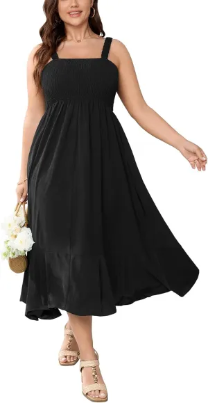 Womens Plus Size Sun Boho Dress Sleeveless Smocked Ruffle Flowy A Line Long Beach Swing Maxi Dresses