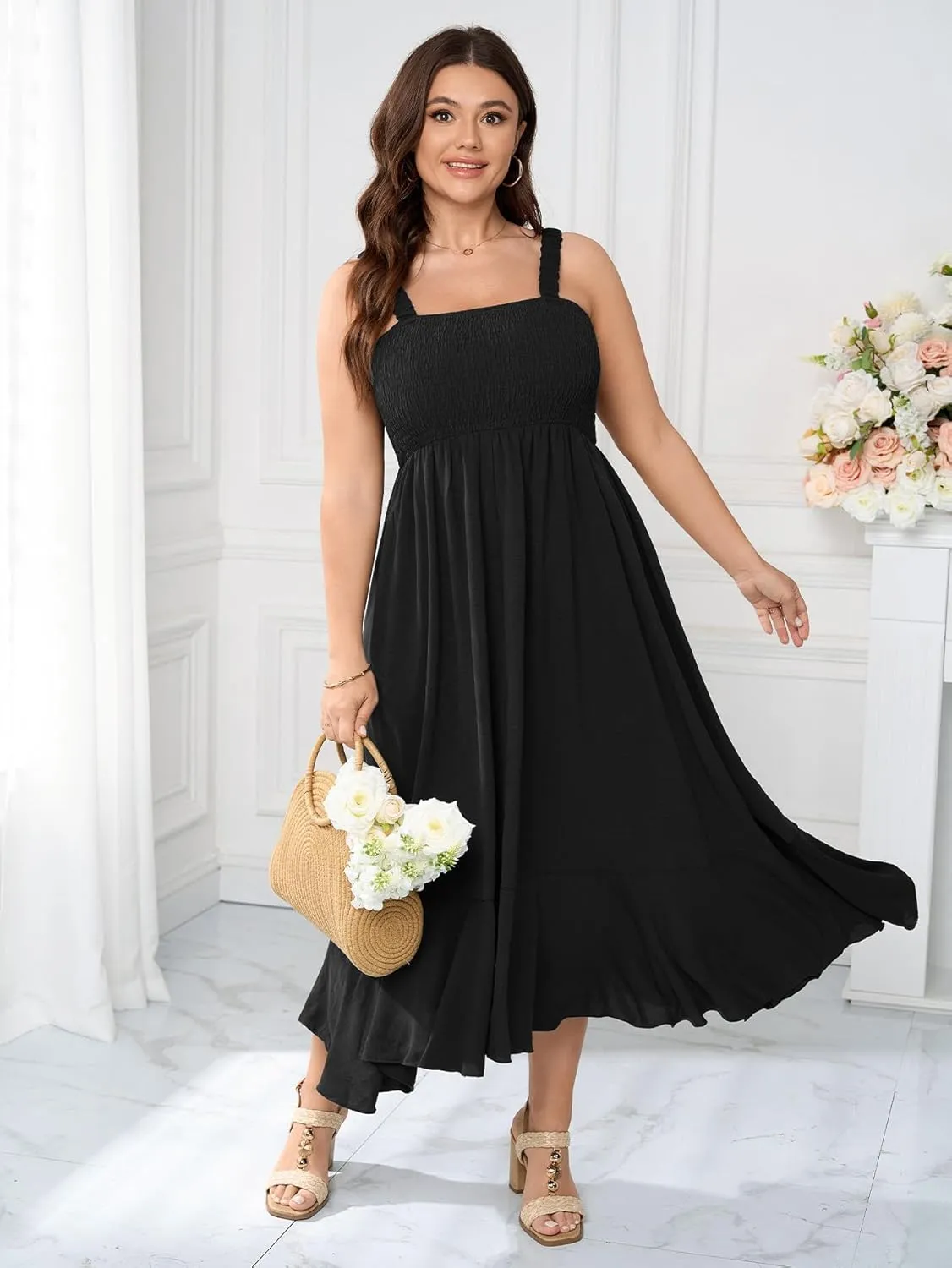 Womens Plus Size Sun Boho Dress Sleeveless Smocked Ruffle Flowy A Line Long Beach Swing Maxi Dresses