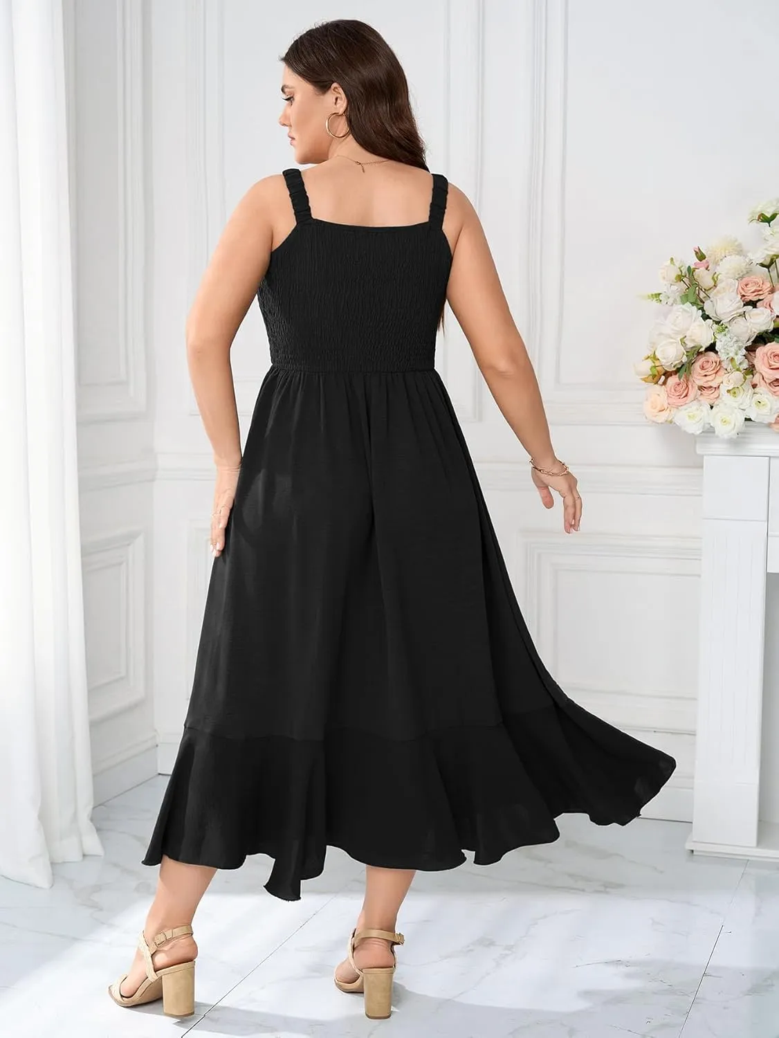Womens Plus Size Sun Boho Dress Sleeveless Smocked Ruffle Flowy A Line Long Beach Swing Maxi Dresses
