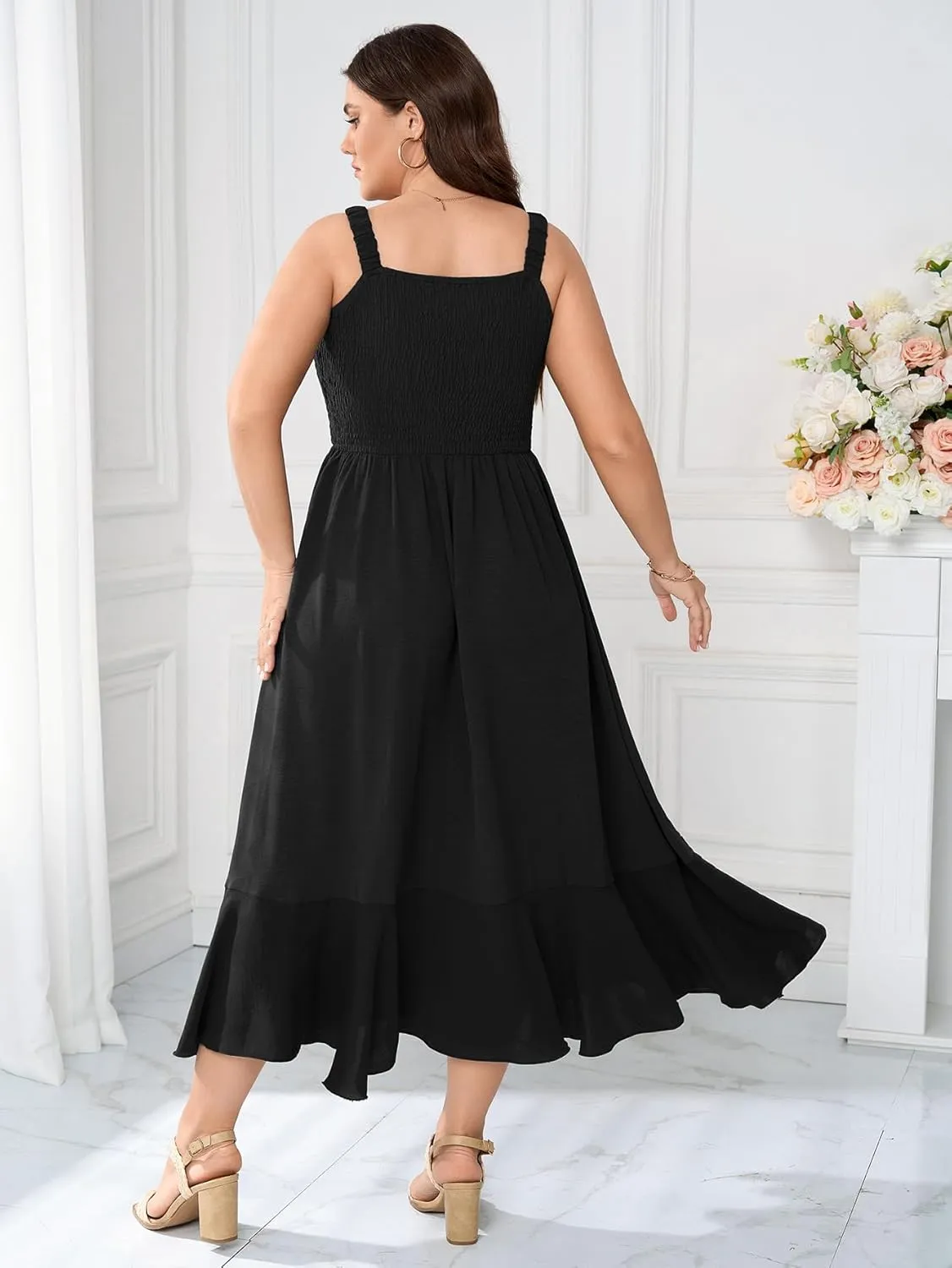 Womens Plus Size Sun Boho Dress Sleeveless Smocked Ruffle Flowy A Line Long Beach Swing Maxi Dresses