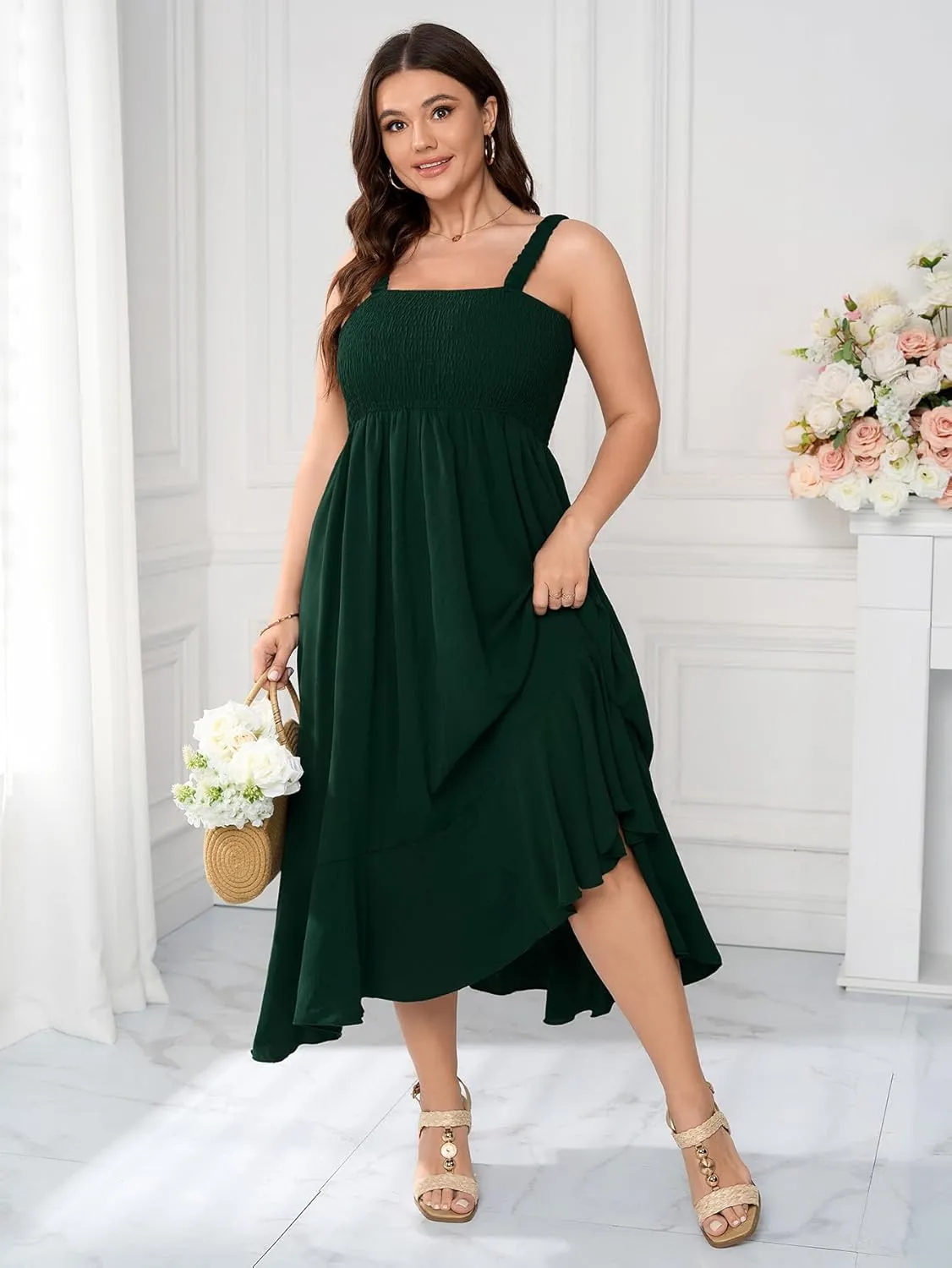 Womens Plus Size Sun Boho Dress Sleeveless Smocked Ruffle Flowy A Line Long Beach Swing Maxi Dresses
