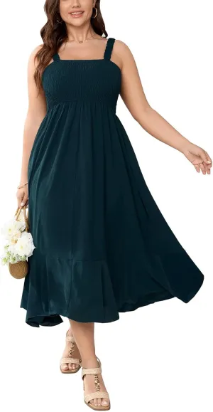 Womens Plus Size Sun Boho Dress Sleeveless Smocked Ruffle Flowy A Line Long Beach Swing Maxi Dresses