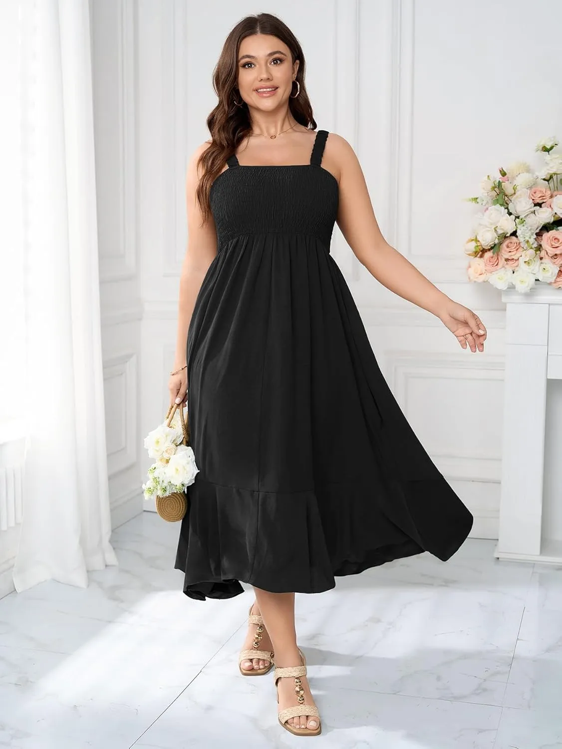 Womens Plus Size Sun Boho Dress Sleeveless Smocked Ruffle Flowy A Line Long Beach Swing Maxi Dresses