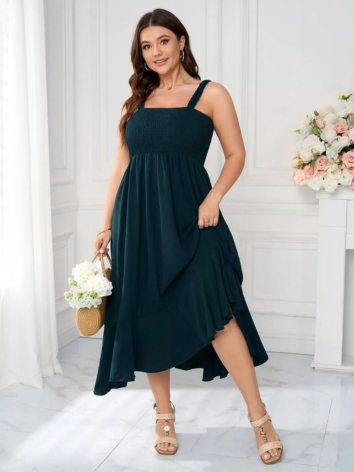 Womens Plus Size Sun Boho Dress Sleeveless Smocked Ruffle Flowy A Line Long Beach Swing Maxi Dresses