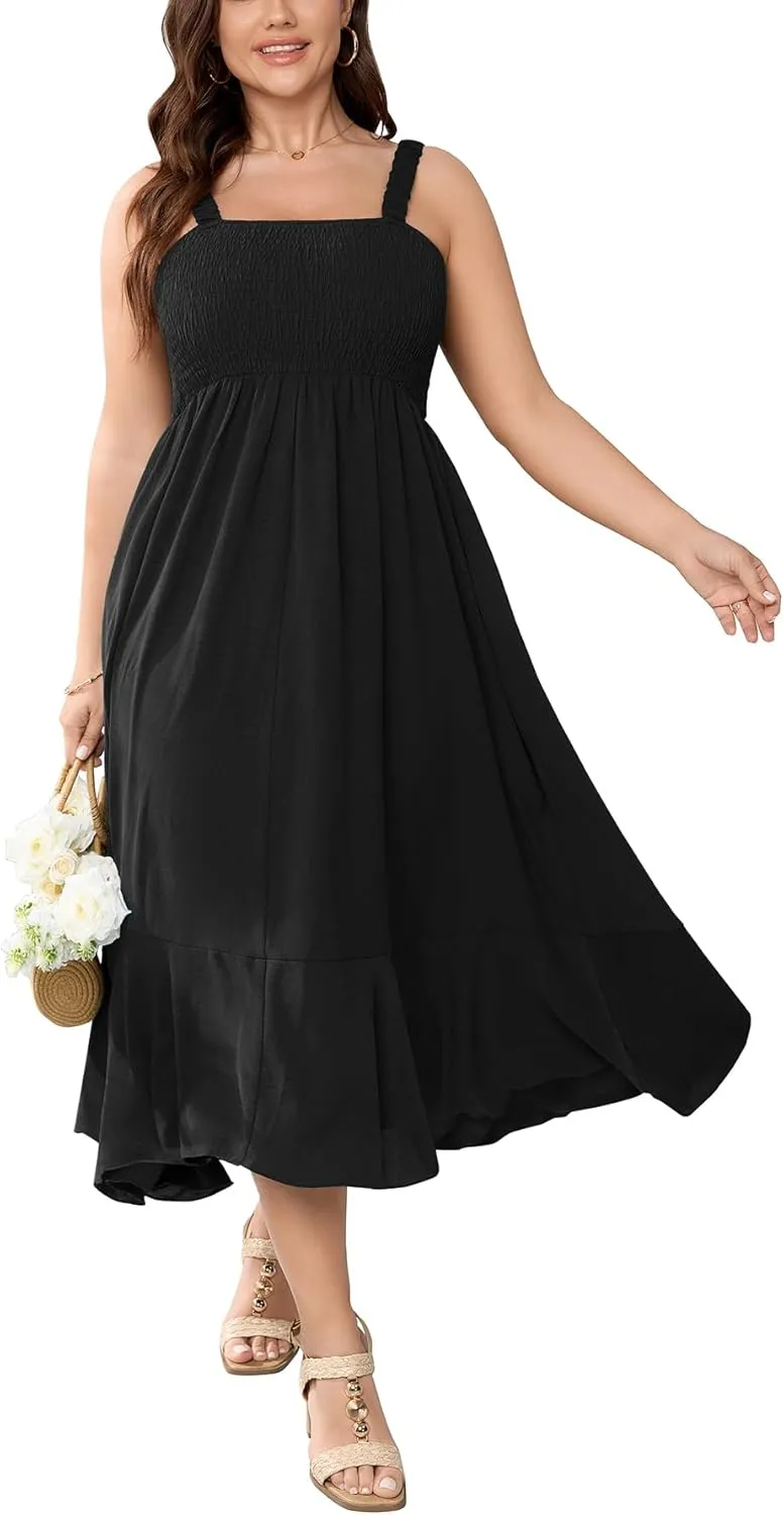Womens Plus Size Sun Boho Dress Sleeveless Smocked Ruffle Flowy A Line Long Beach Swing Maxi Dresses