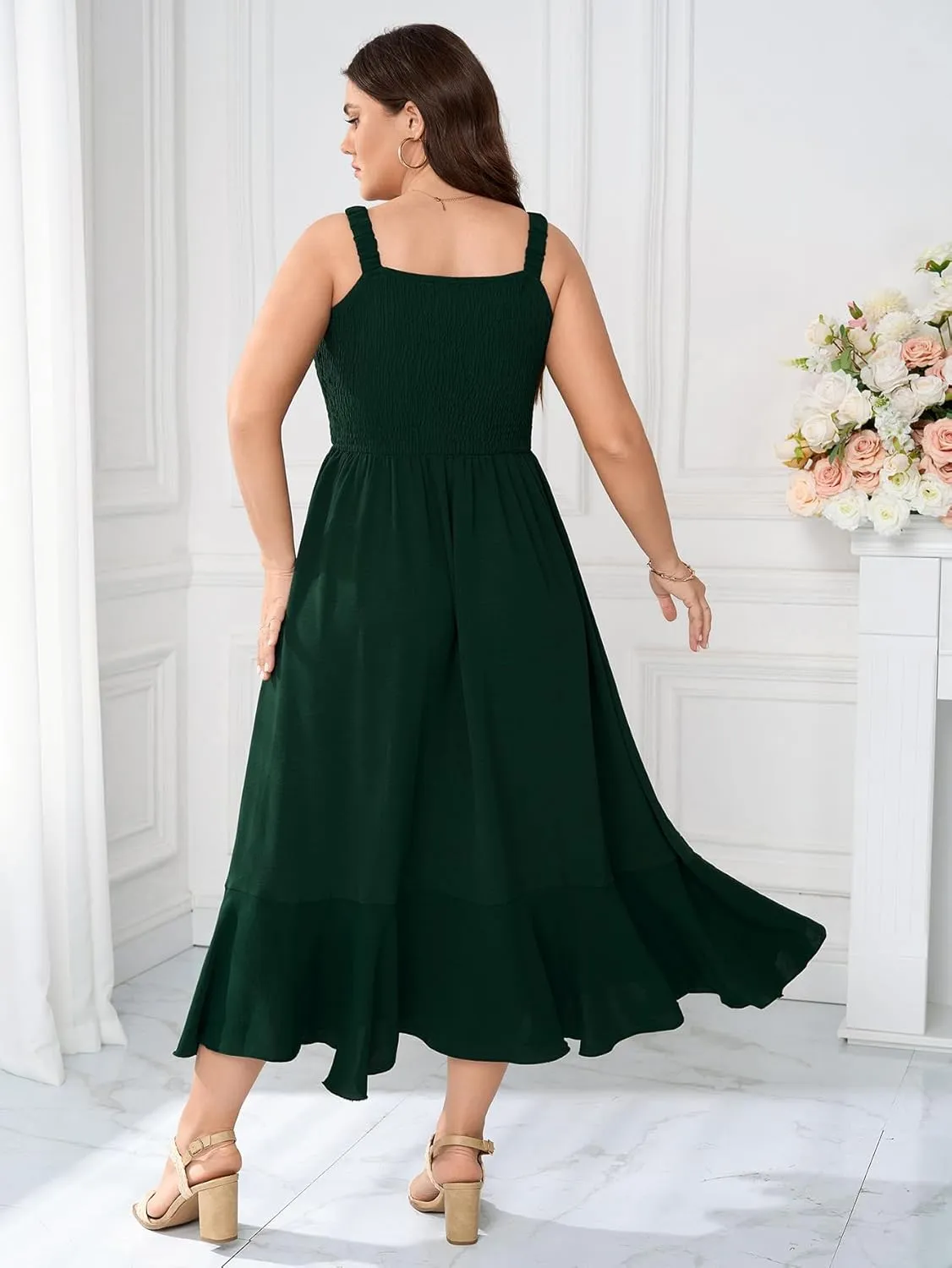 Womens Plus Size Sun Boho Dress Sleeveless Smocked Ruffle Flowy A Line Long Beach Swing Maxi Dresses
