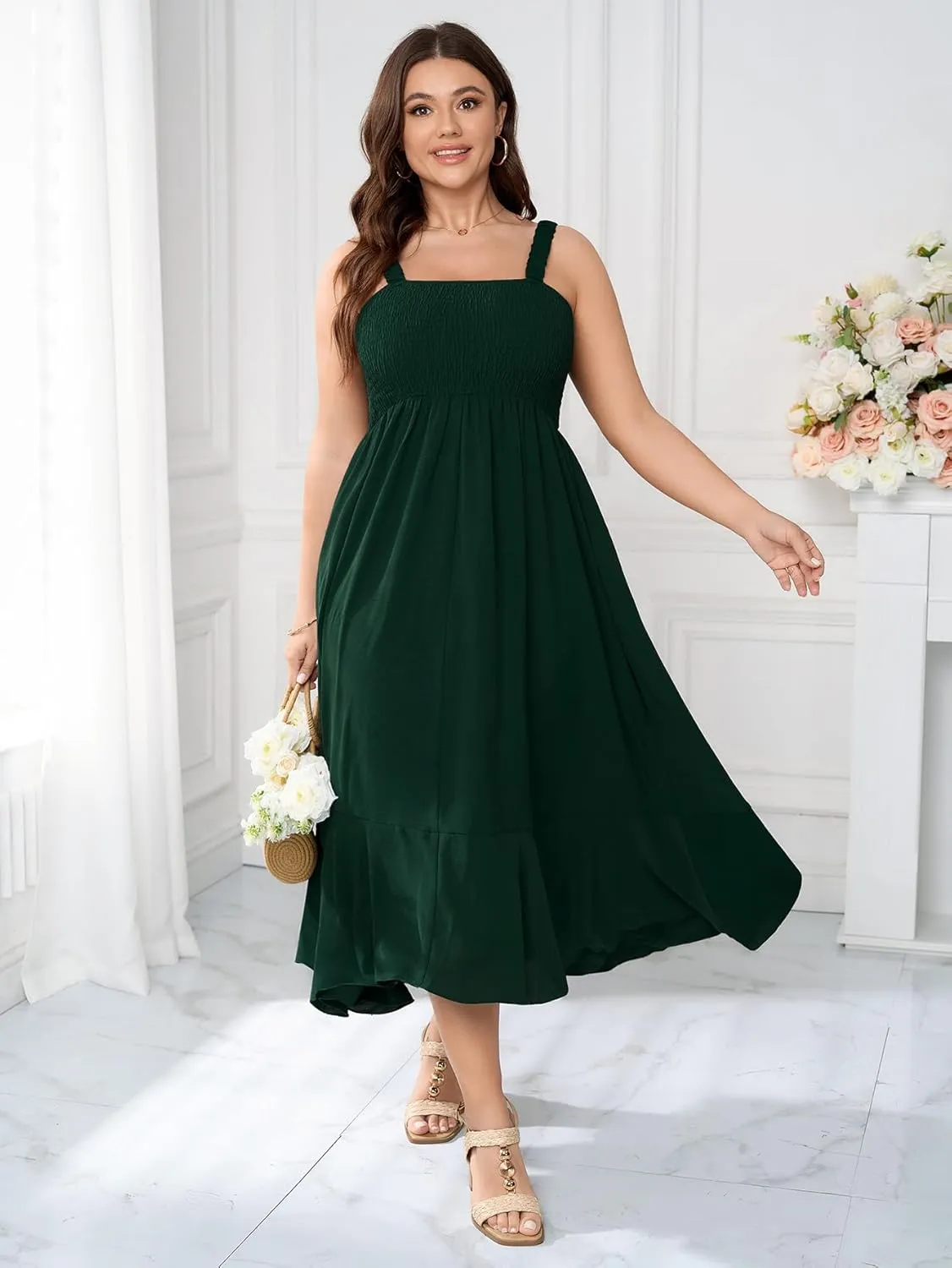 Womens Plus Size Sun Boho Dress Sleeveless Smocked Ruffle Flowy A Line Long Beach Swing Maxi Dresses