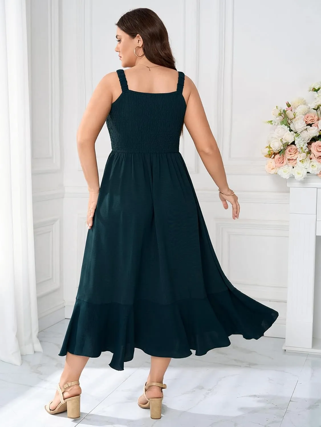 Womens Plus Size Sun Boho Dress Sleeveless Smocked Ruffle Flowy A Line Long Beach Swing Maxi Dresses