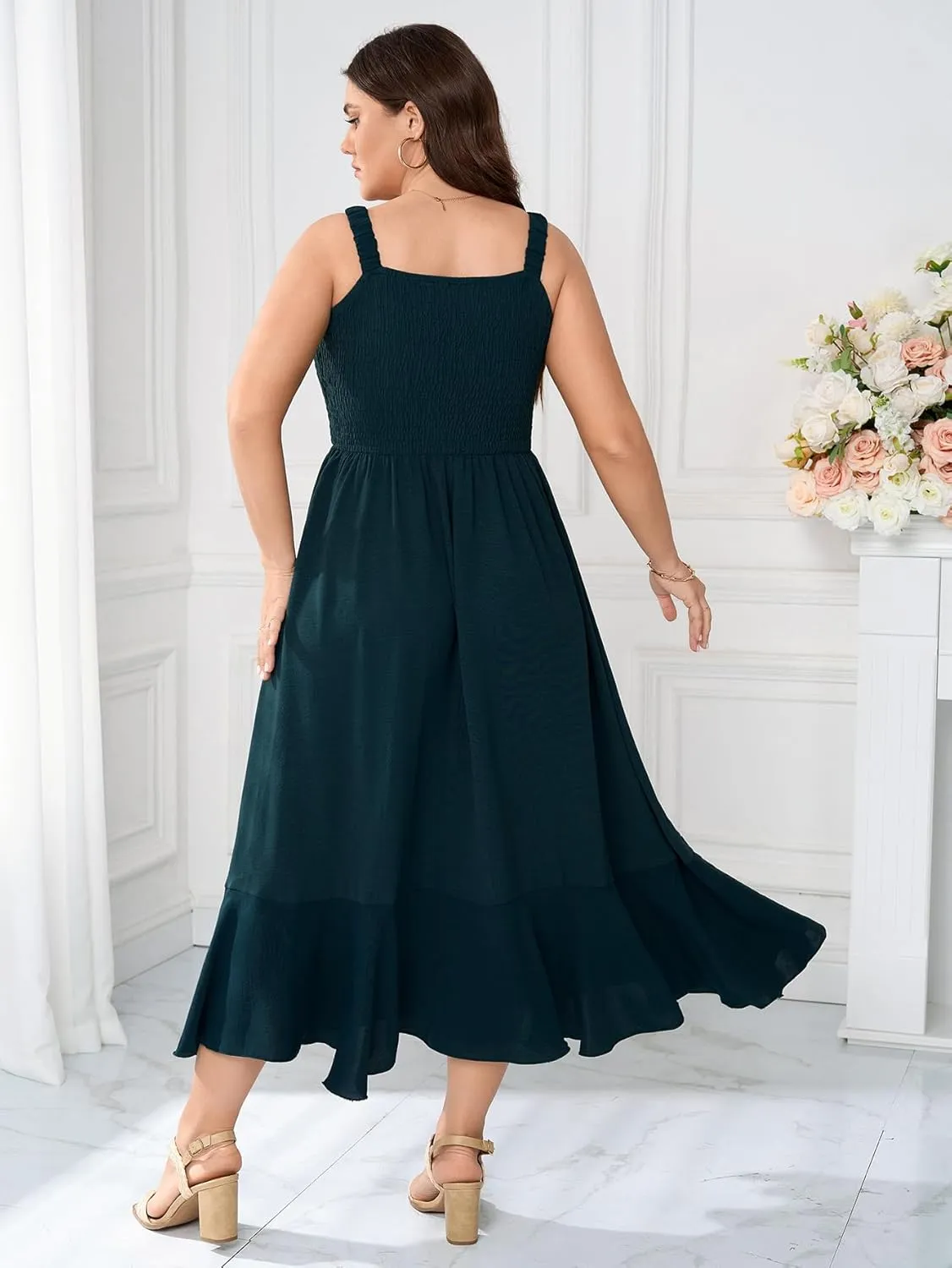 Womens Plus Size Sun Boho Dress Sleeveless Smocked Ruffle Flowy A Line Long Beach Swing Maxi Dresses