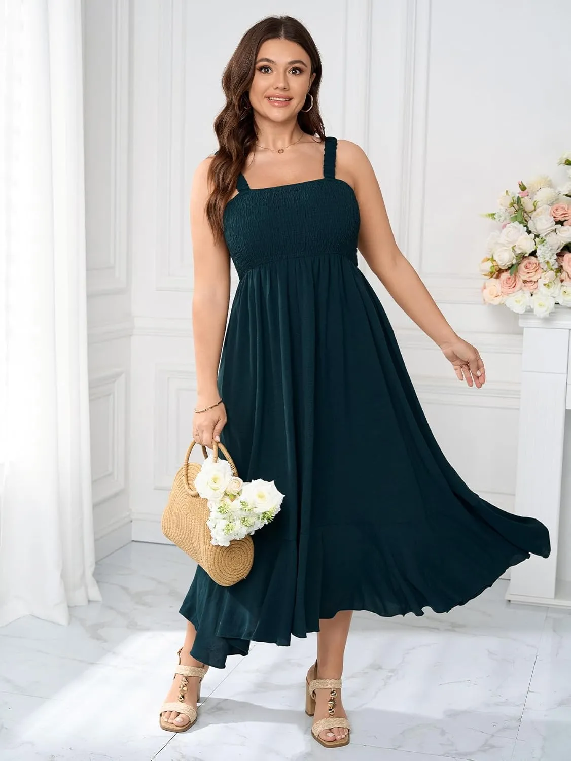 Womens Plus Size Sun Boho Dress Sleeveless Smocked Ruffle Flowy A Line Long Beach Swing Maxi Dresses