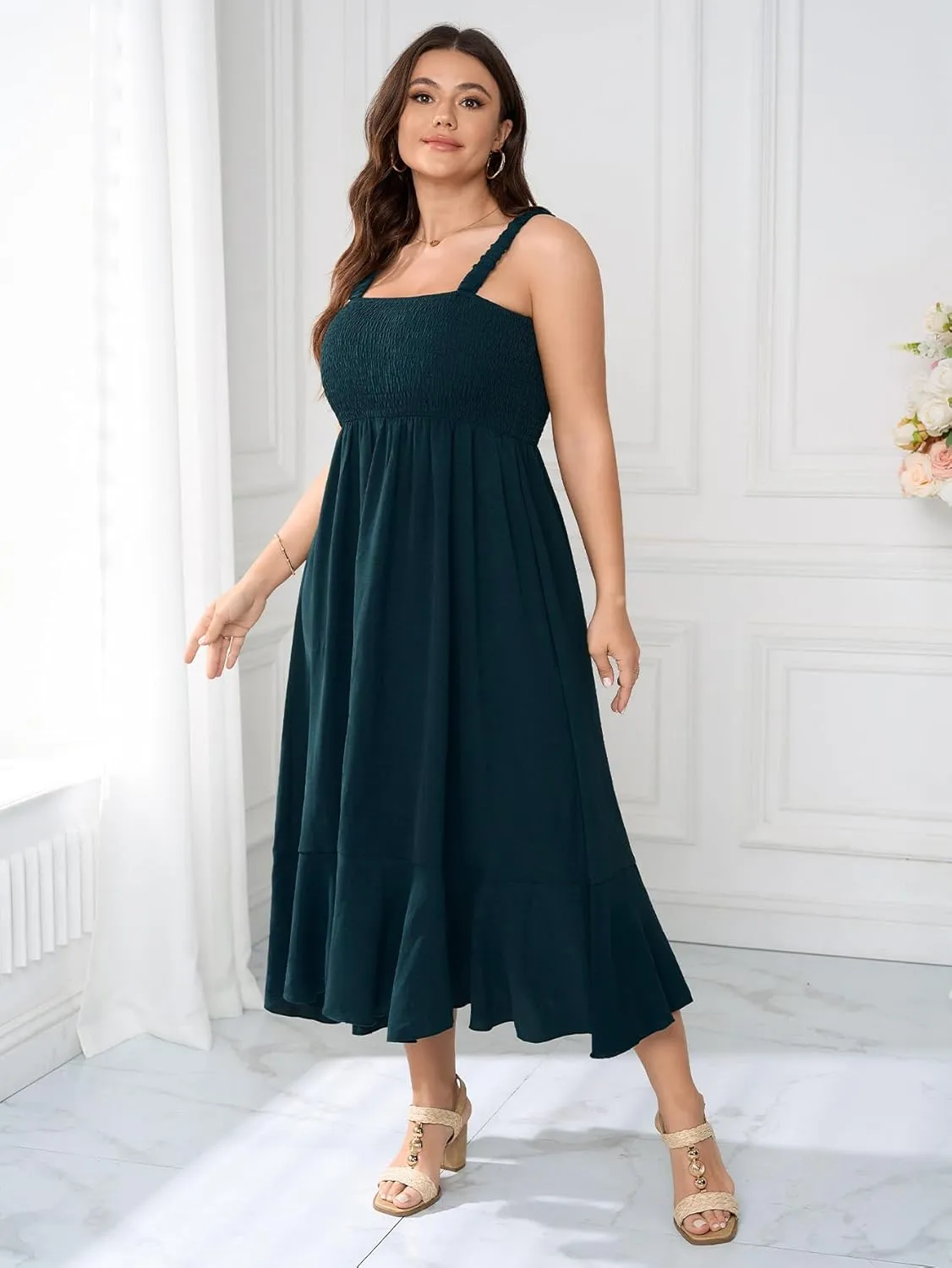 Womens Plus Size Sun Boho Dress Sleeveless Smocked Ruffle Flowy A Line Long Beach Swing Maxi Dresses