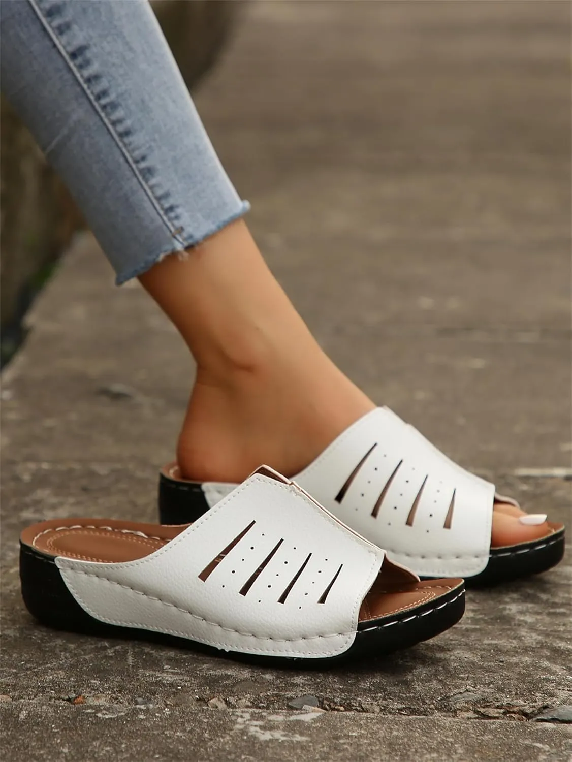 Womens Recovery Sandals with Comfortable Plantar Fasciitis Support Open Toe Hollow Out Breathable Slides Summer Casual Walking Shoes