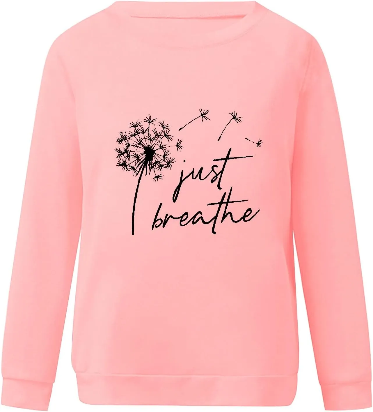 Womens Round Neck Sweatshirts Just Breathe Letter Print Dandelion Graphic Pullover Long Sleeve Casual Sweatshirt Tops