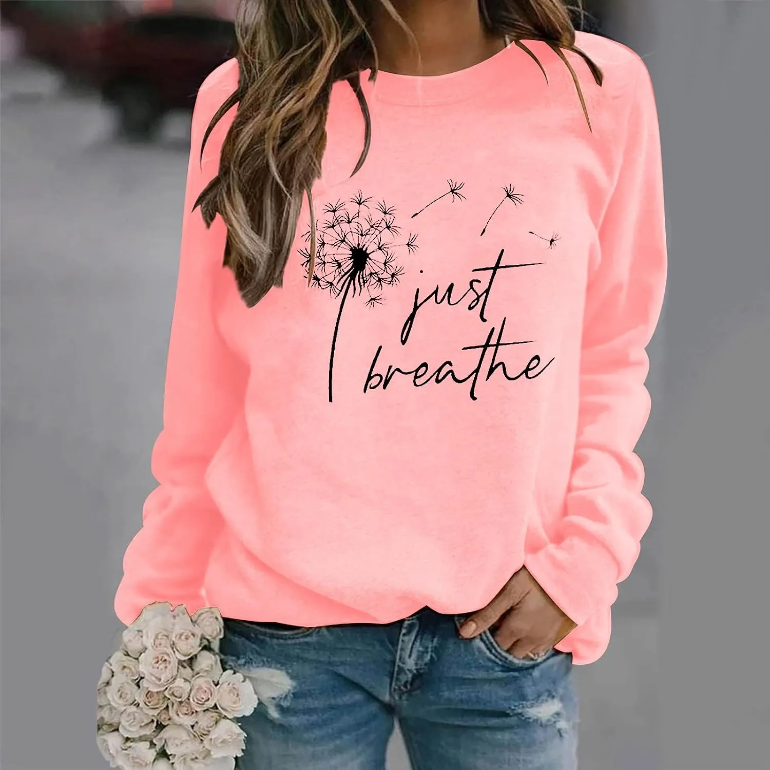 Womens Round Neck Sweatshirts Just Breathe Letter Print Dandelion Graphic Pullover Long Sleeve Casual Sweatshirt Tops