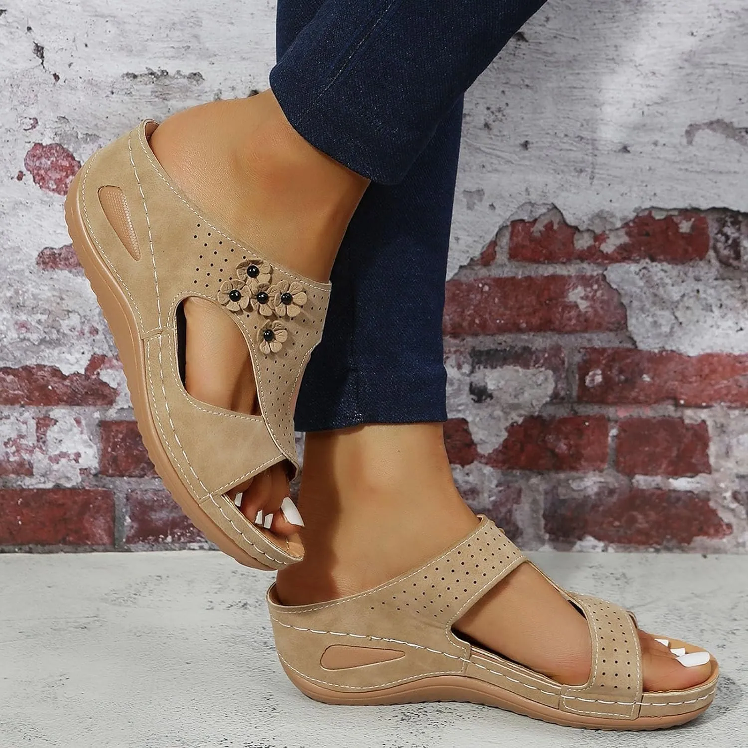 Womens Sandals Comfortable Dressy WedgeSandals for Women Open Toe BeachShoes Flower Serpentine Orthopedic Sandals