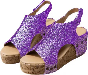 Women's Sandals Comfortable Walking Wedge Sandals Dressy Summer Open Toe Slip on Casual Sparkly Glitter Platform Dress Shoes