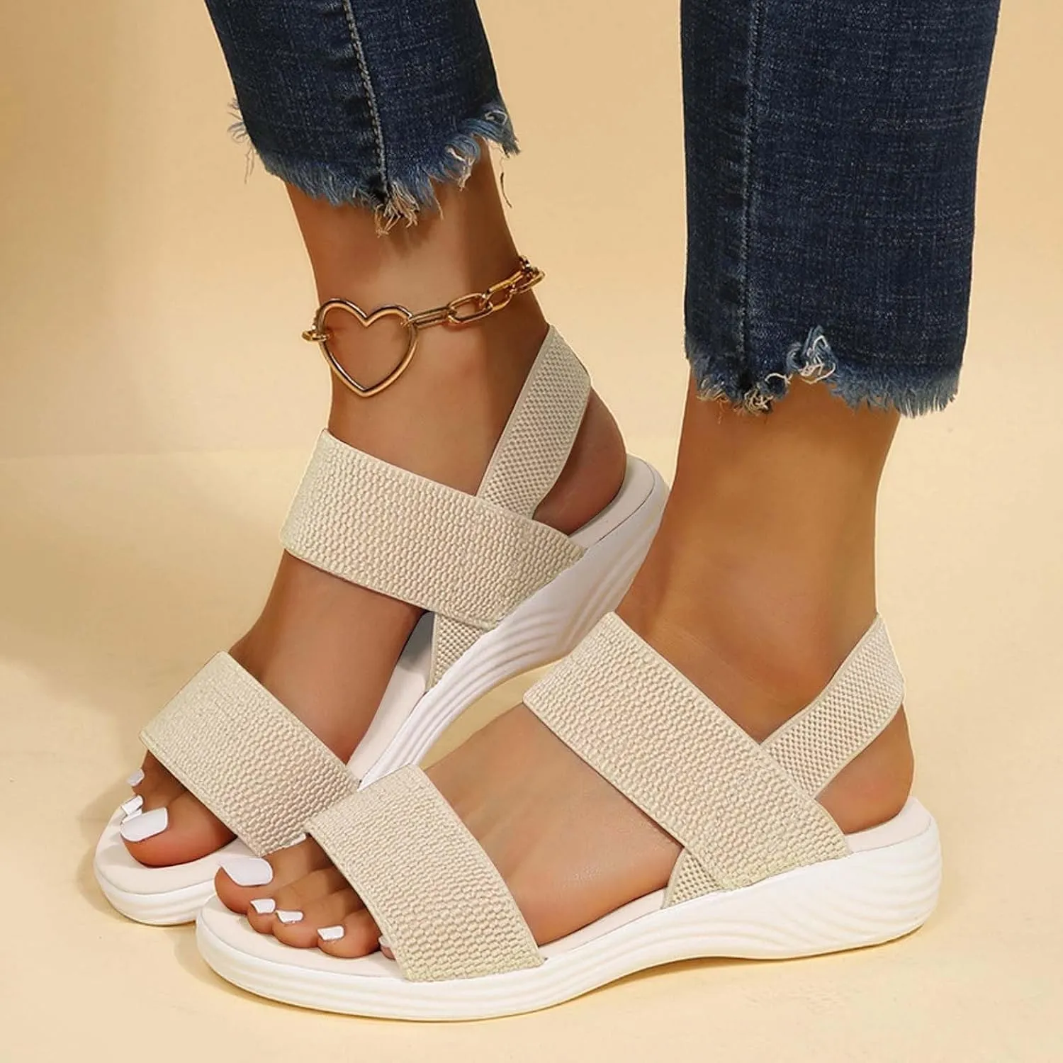 Women's Sandals Elastic Strap Summer Comfort Open Toe Slides Anti-Slip Lightweight Flat Wedge Sandal Platform Wedges Slingback Ankle Low Walking Comfortable Slip On Casual Shoes Platfor Slippers