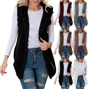 Womens Sherpa Vest Fuzzy Fleece Open Front Hooded Cardigan Sweater 2024 Fall Jacket Outwear Winter Coat with Pockets