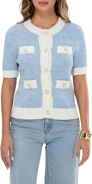 Womens Short Sleeve Button Down Cardigans Sweater Cropped Lightweight Crew Neck Elegant Knit Tops with Pockets
