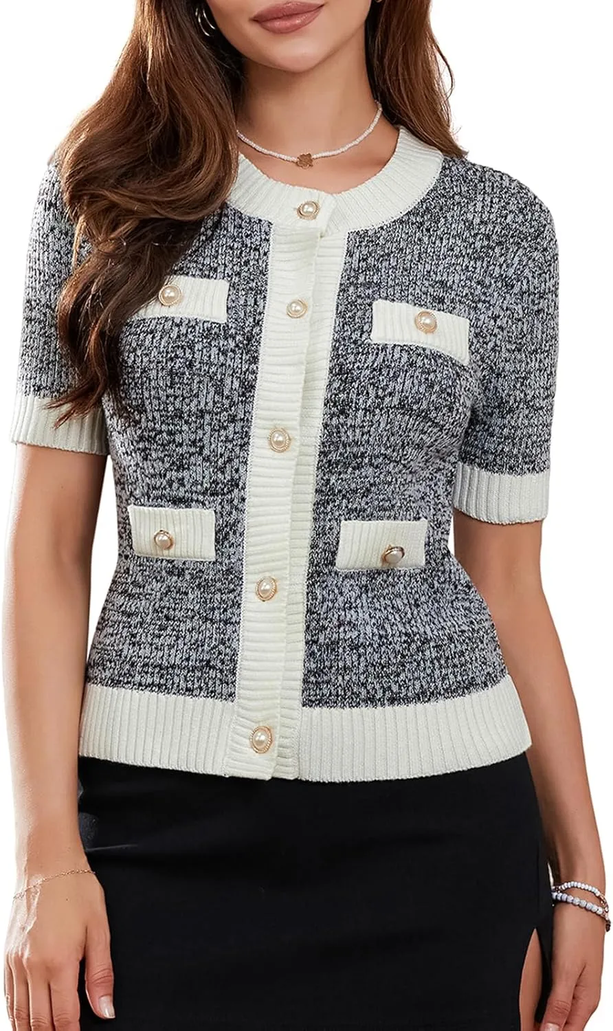 Womens Short Sleeve Button Down Cardigans Sweater Cropped Lightweight Crew Neck Elegant Knit Tops with Pockets