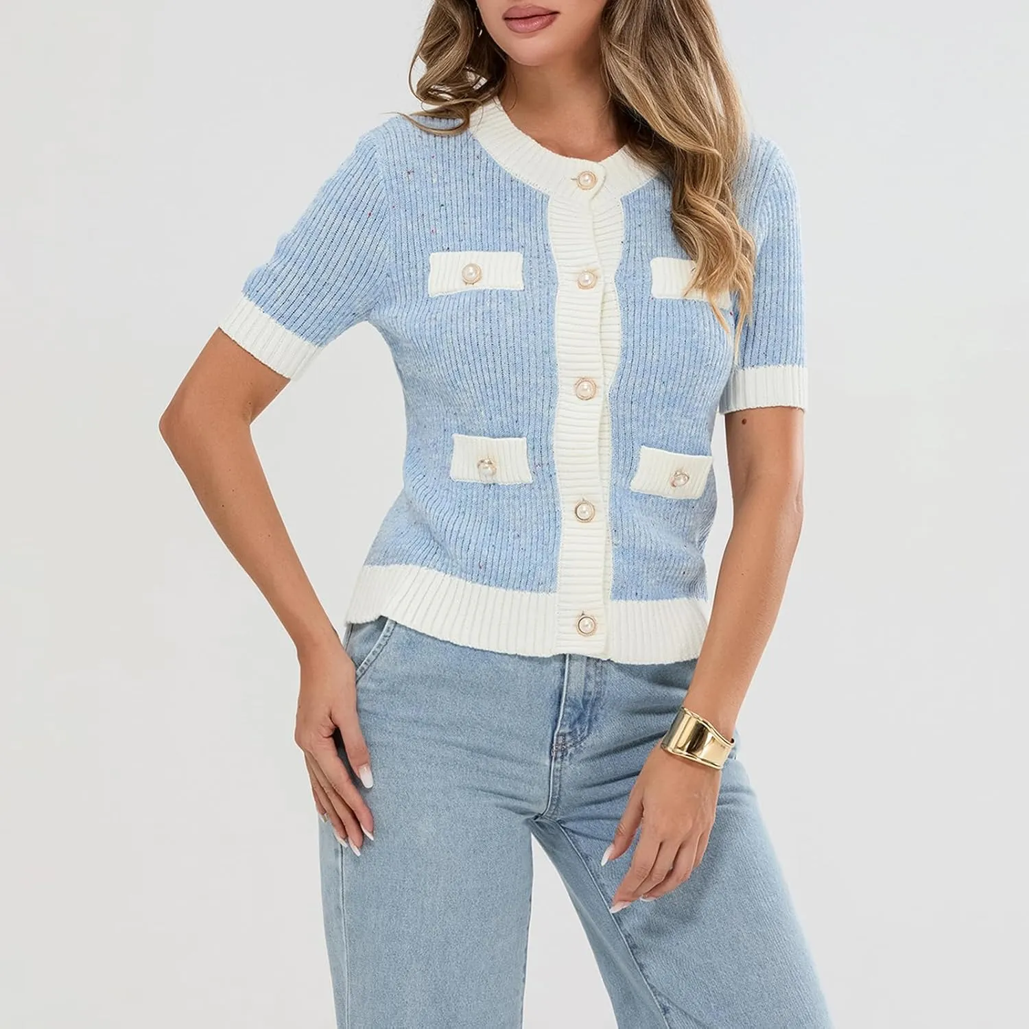 Womens Short Sleeve Button Down Cardigans Sweater Cropped Lightweight Crew Neck Elegant Knit Tops with Pockets