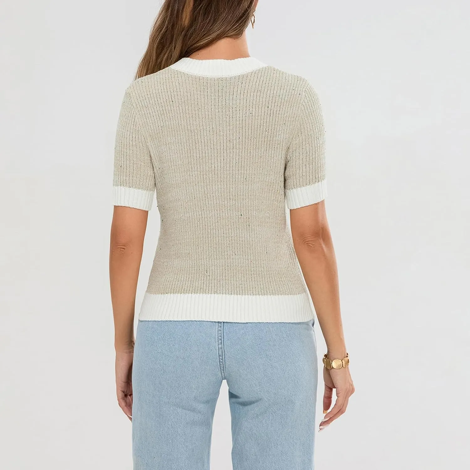 Womens Short Sleeve Button Down Cardigans Sweater Cropped Lightweight Crew Neck Elegant Knit Tops with Pockets