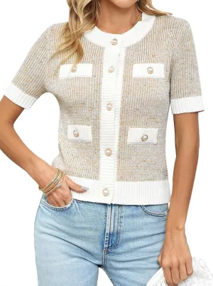 Womens Short Sleeve Button Down Cardigans Sweater Cropped Lightweight Crew Neck Elegant Knit Tops with Pockets