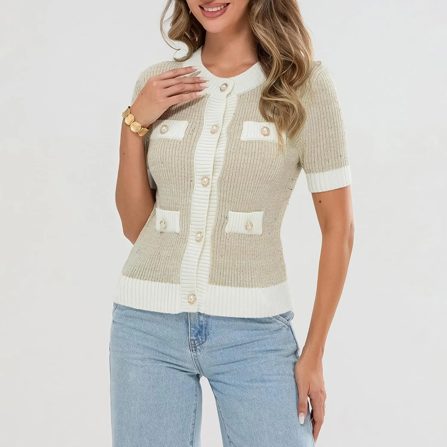 Womens Short Sleeve Button Down Cardigans Sweater Cropped Lightweight Crew Neck Elegant Knit Tops with Pockets