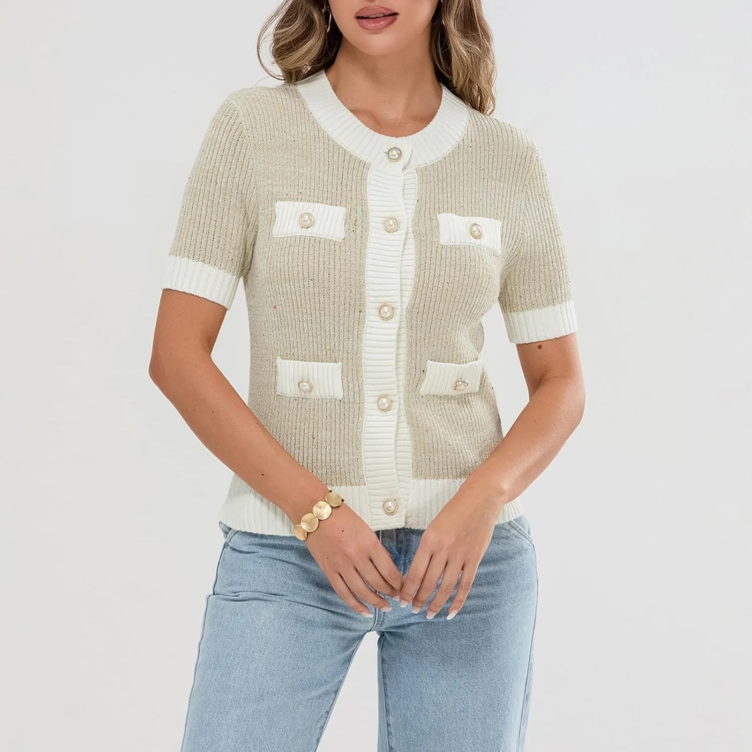 Womens Short Sleeve Button Down Cardigans Sweater Cropped Lightweight Crew Neck Elegant Knit Tops with Pockets