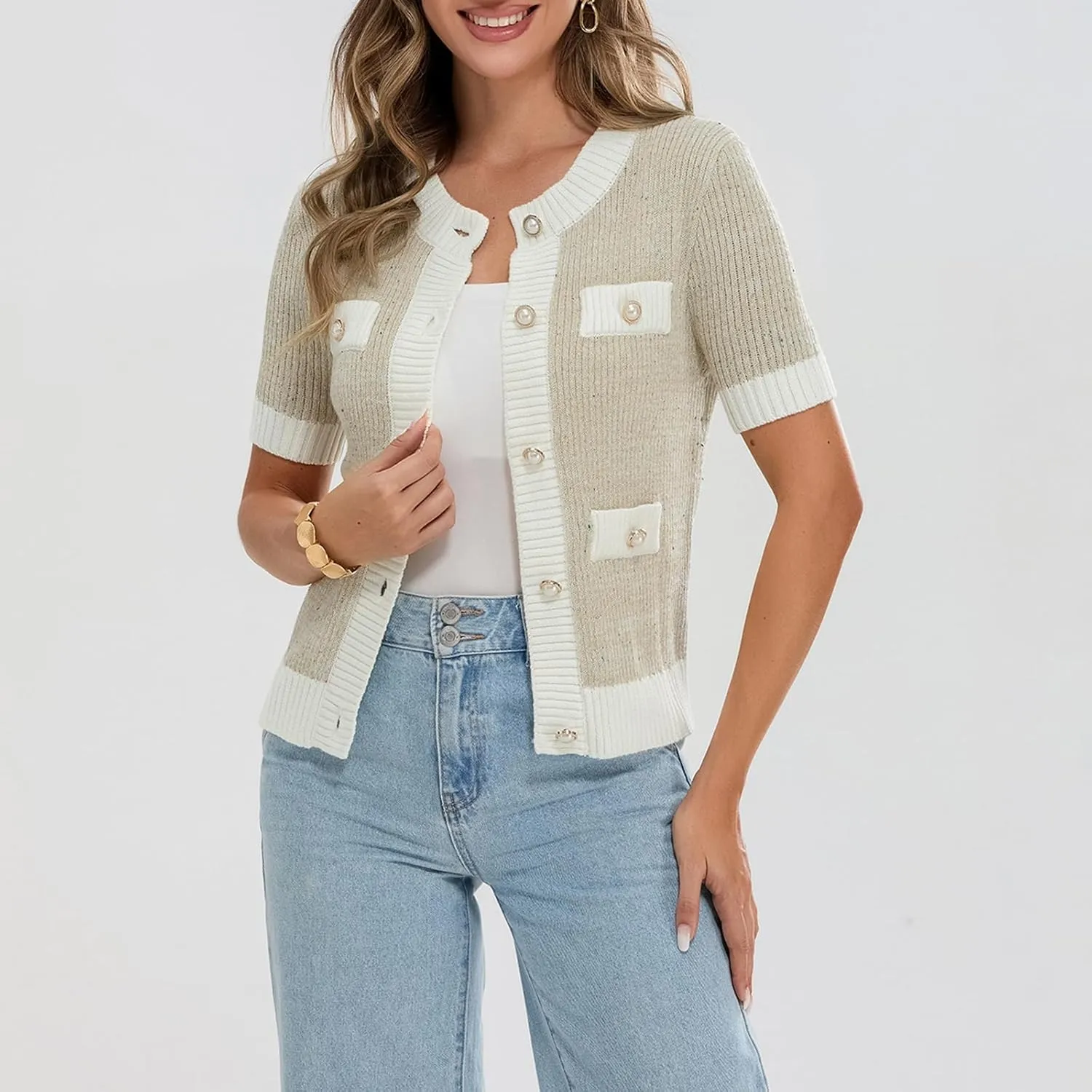 Womens Short Sleeve Button Down Cardigans Sweater Cropped Lightweight Crew Neck Elegant Knit Tops with Pockets