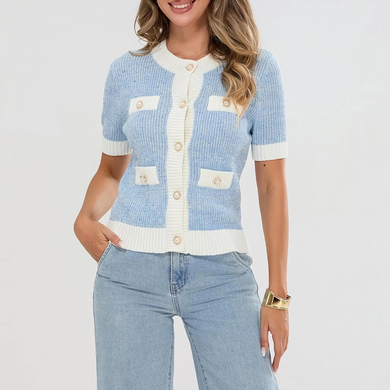 Womens Short Sleeve Button Down Cardigans Sweater Cropped Lightweight Crew Neck Elegant Knit Tops with Pockets