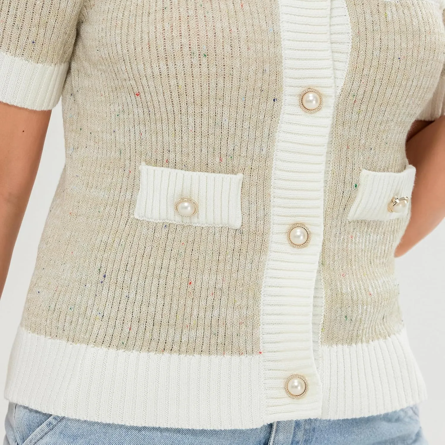 Womens Short Sleeve Button Down Cardigans Sweater Cropped Lightweight Crew Neck Elegant Knit Tops with Pockets