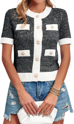 Womens Short Sleeve Button Down Cardigans Sweater Cropped Lightweight Crew Neck Elegant Knit Tops with Pockets