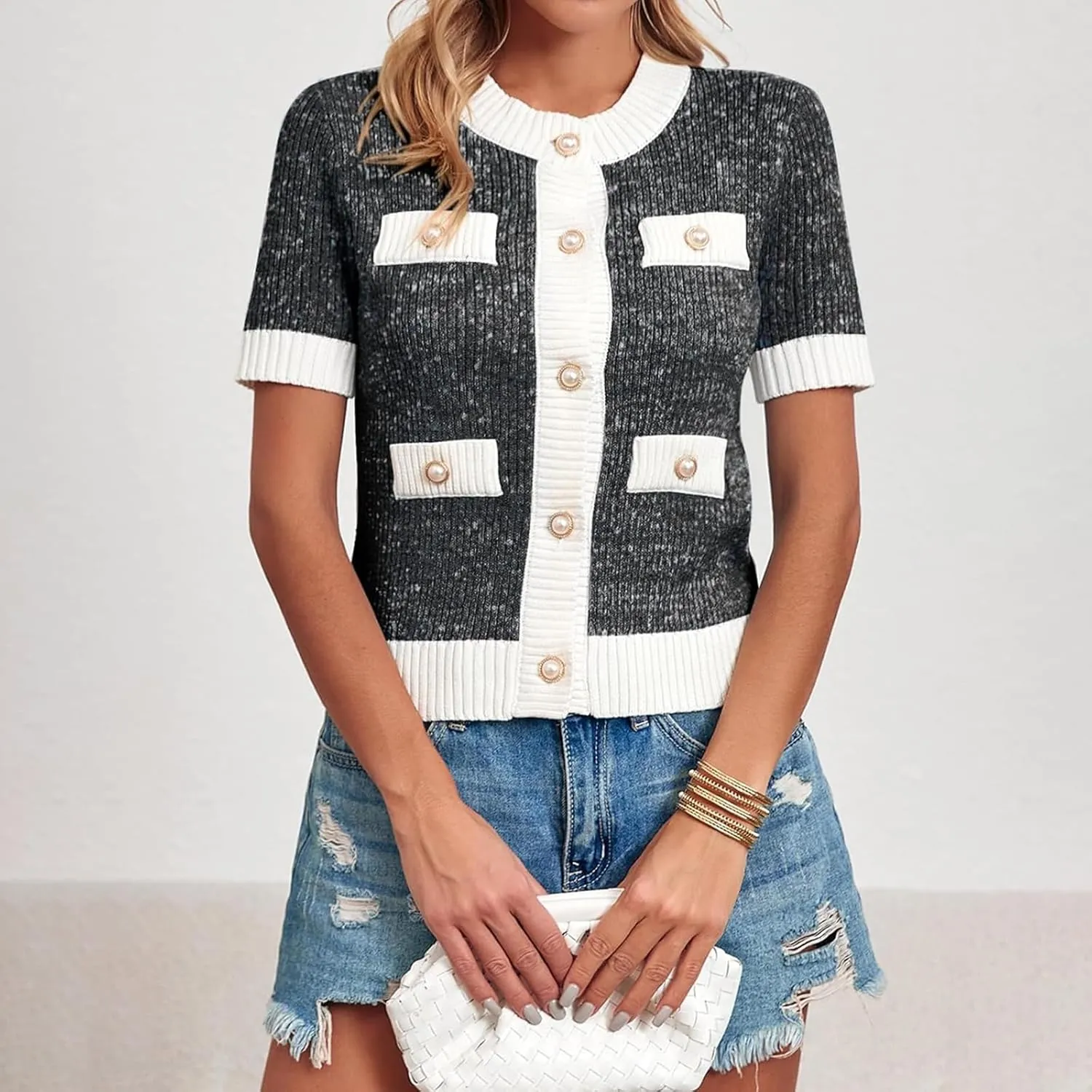 Womens Short Sleeve Button Down Cardigans Sweater Cropped Lightweight Crew Neck Elegant Knit Tops with Pockets