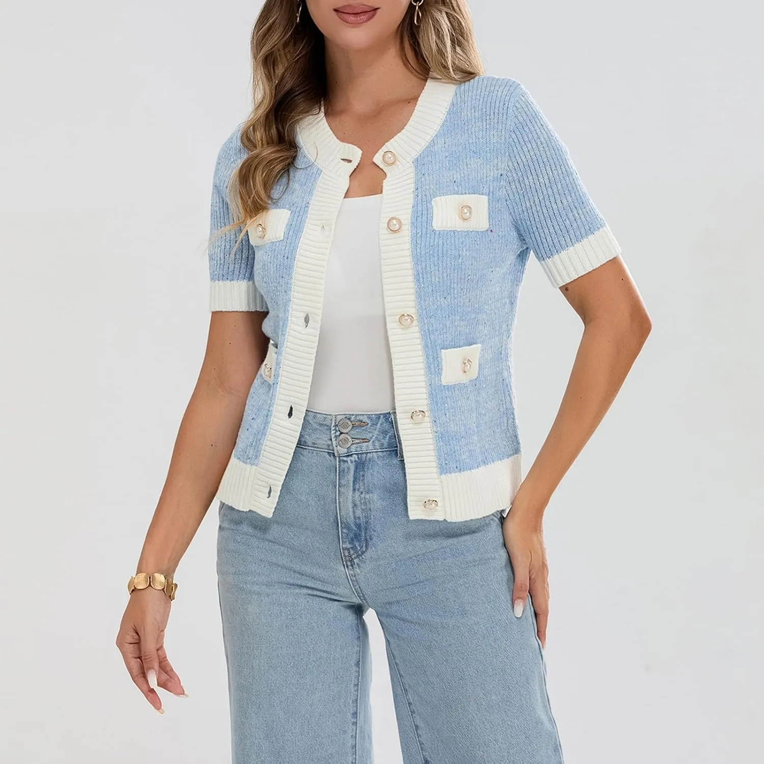 Womens Short Sleeve Button Down Cardigans Sweater Cropped Lightweight Crew Neck Elegant Knit Tops with Pockets