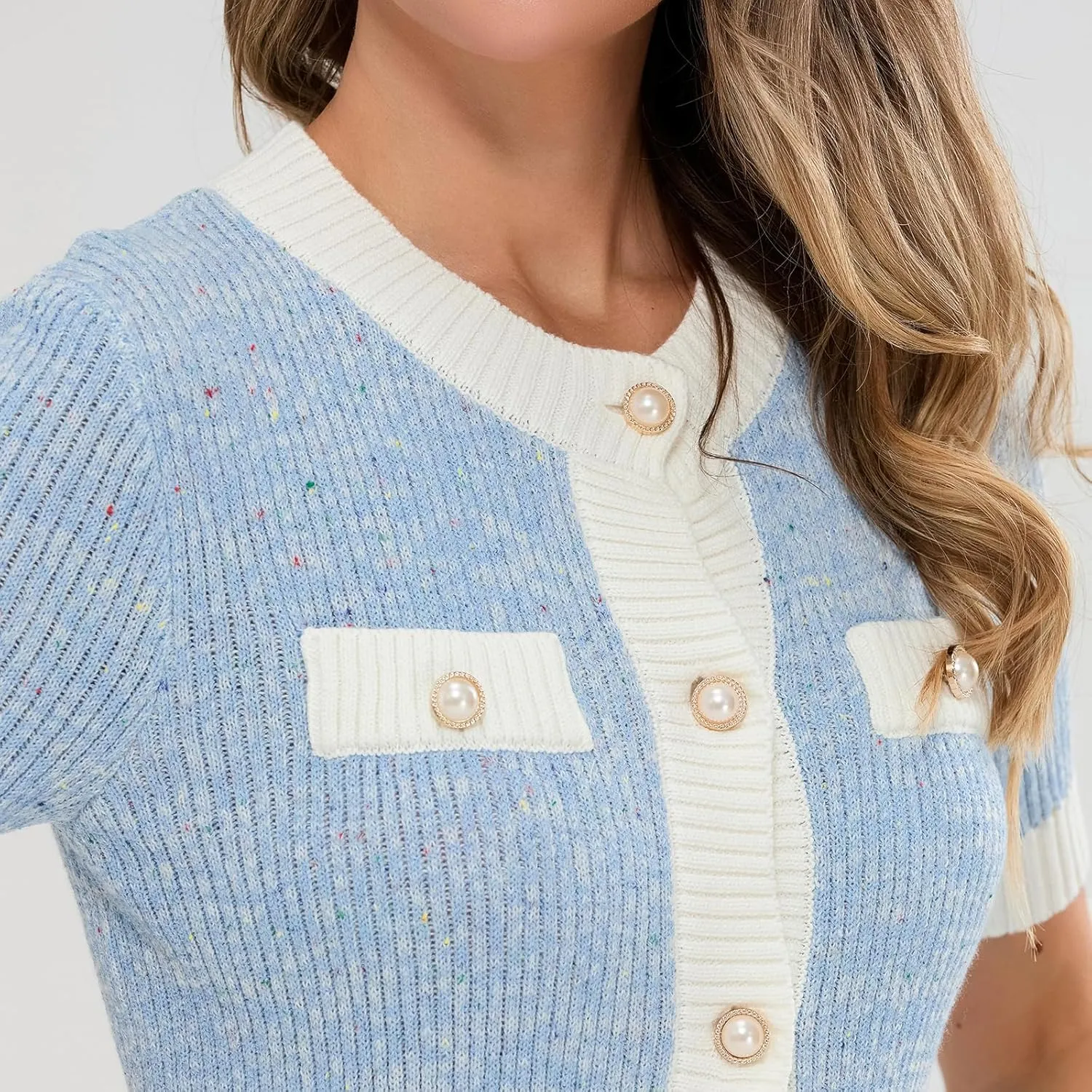 Womens Short Sleeve Button Down Cardigans Sweater Cropped Lightweight Crew Neck Elegant Knit Tops with Pockets