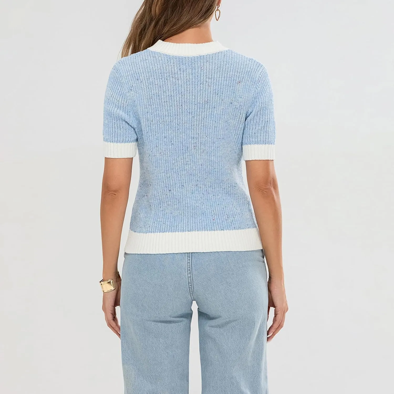 Womens Short Sleeve Button Down Cardigans Sweater Cropped Lightweight Crew Neck Elegant Knit Tops with Pockets