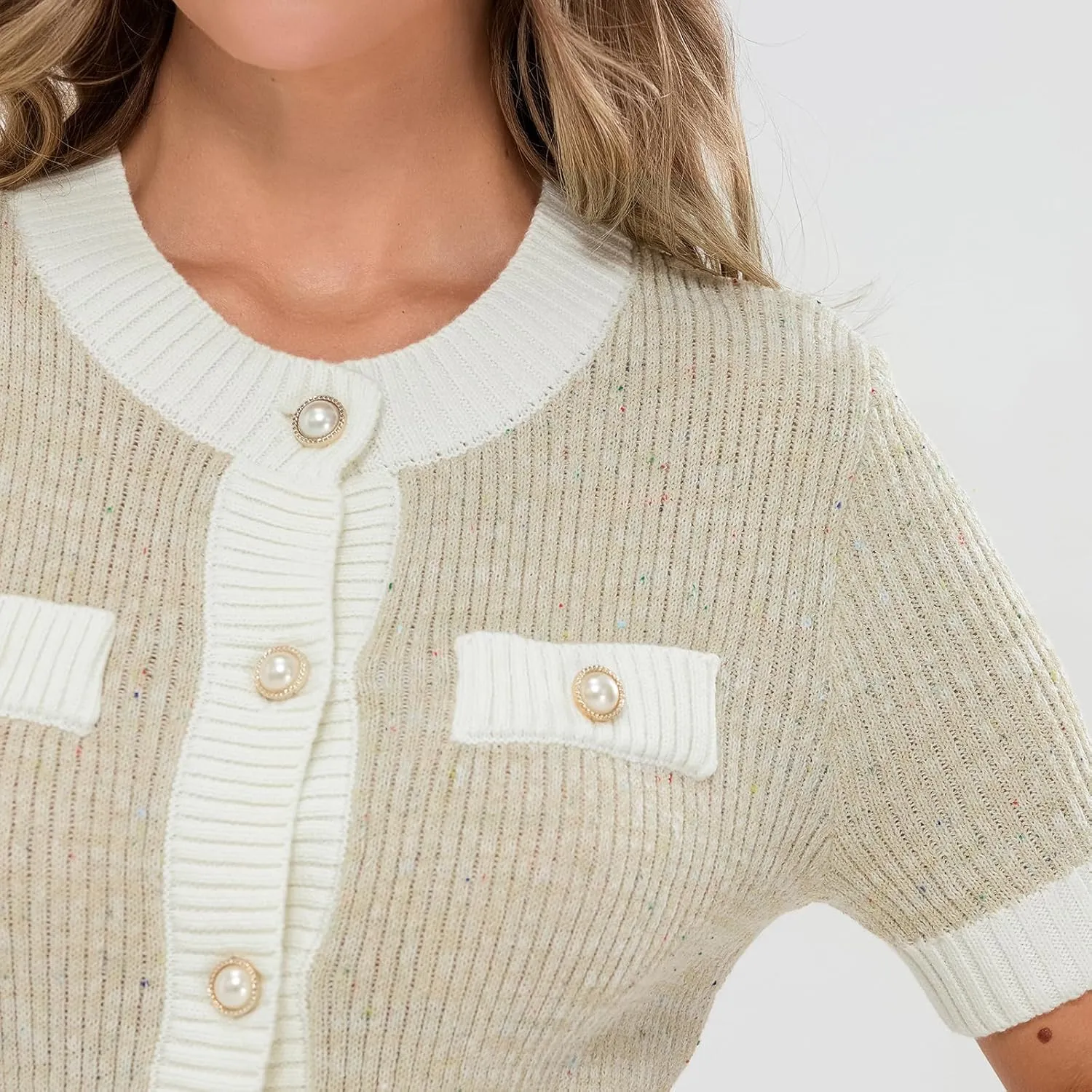 Womens Short Sleeve Button Down Cardigans Sweater Cropped Lightweight Crew Neck Elegant Knit Tops with Pockets