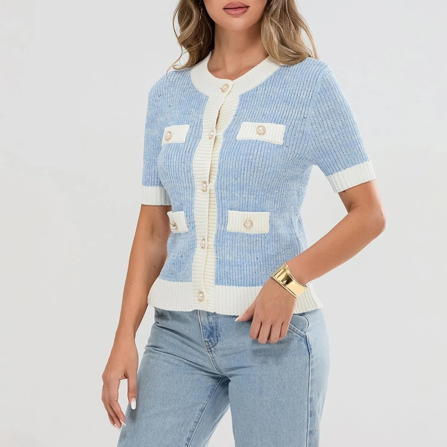 Womens Short Sleeve Button Down Cardigans Sweater Cropped Lightweight Crew Neck Elegant Knit Tops with Pockets