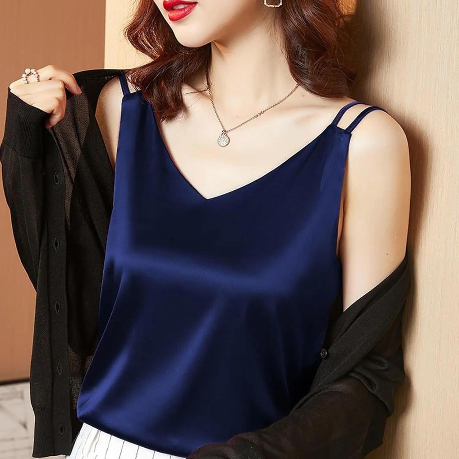 Womens Silk Satin Tank Tops V Neck Casual Cami Sleeveless Camisole Blouses Dressy Casual Summer Basic Tank Shirt