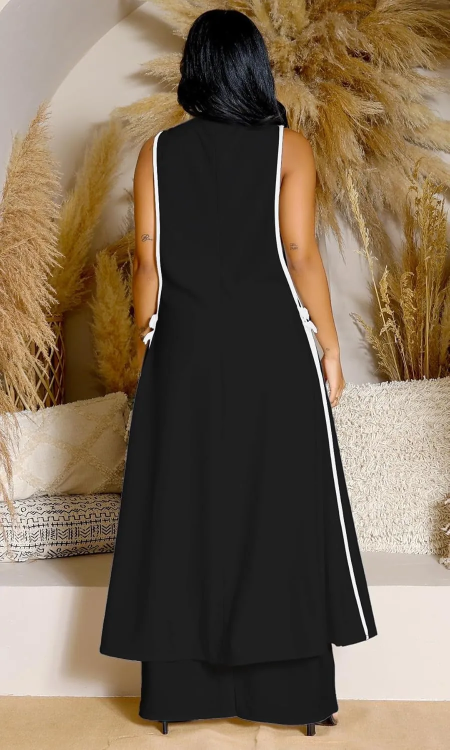 Womens Sleeveless Suit Vest Dress Wide Leg Pants Business Casual Blazer Set Multi Pockets Overalls